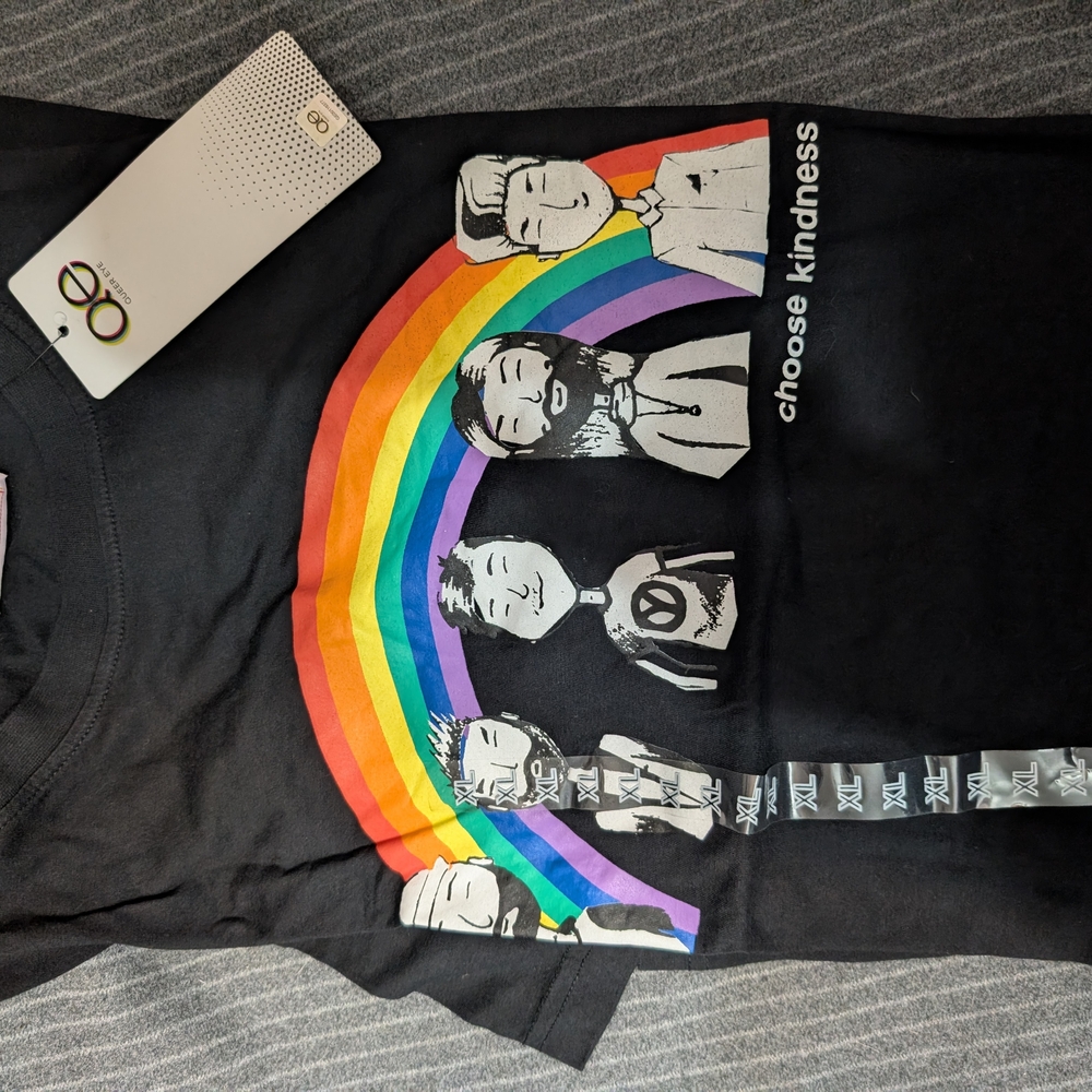 QED London Black Tee with Rainbow and Character Design
